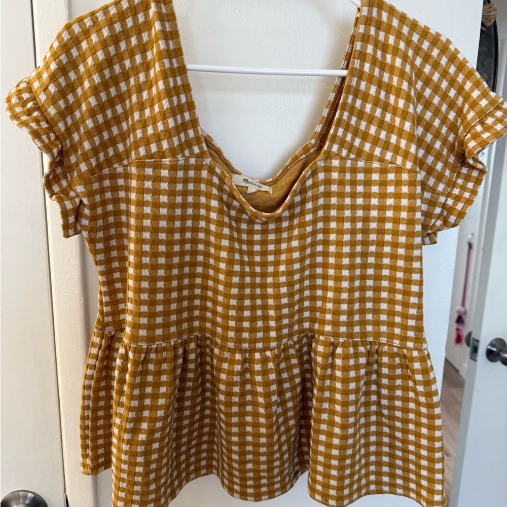 Madewell Yellow and White Ruffled Peplum Blouse